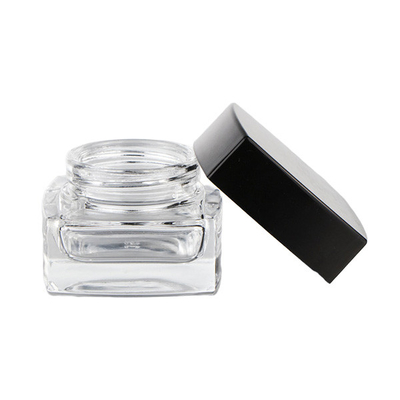 Eco - Friendly Glass Cosmetic Cream Jar Square Shape Clear Body Black Lid