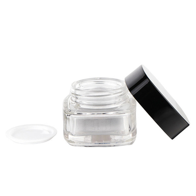 Eco - Friendly Glass Cosmetic Cream Jar Square Shape Clear Body Black Lid